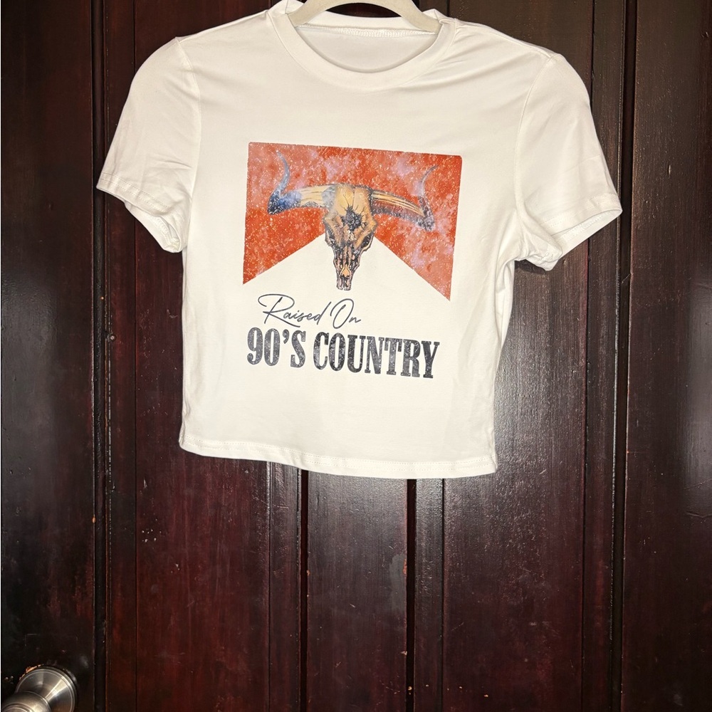 SHEIN White Crop Top with Orange Graphic